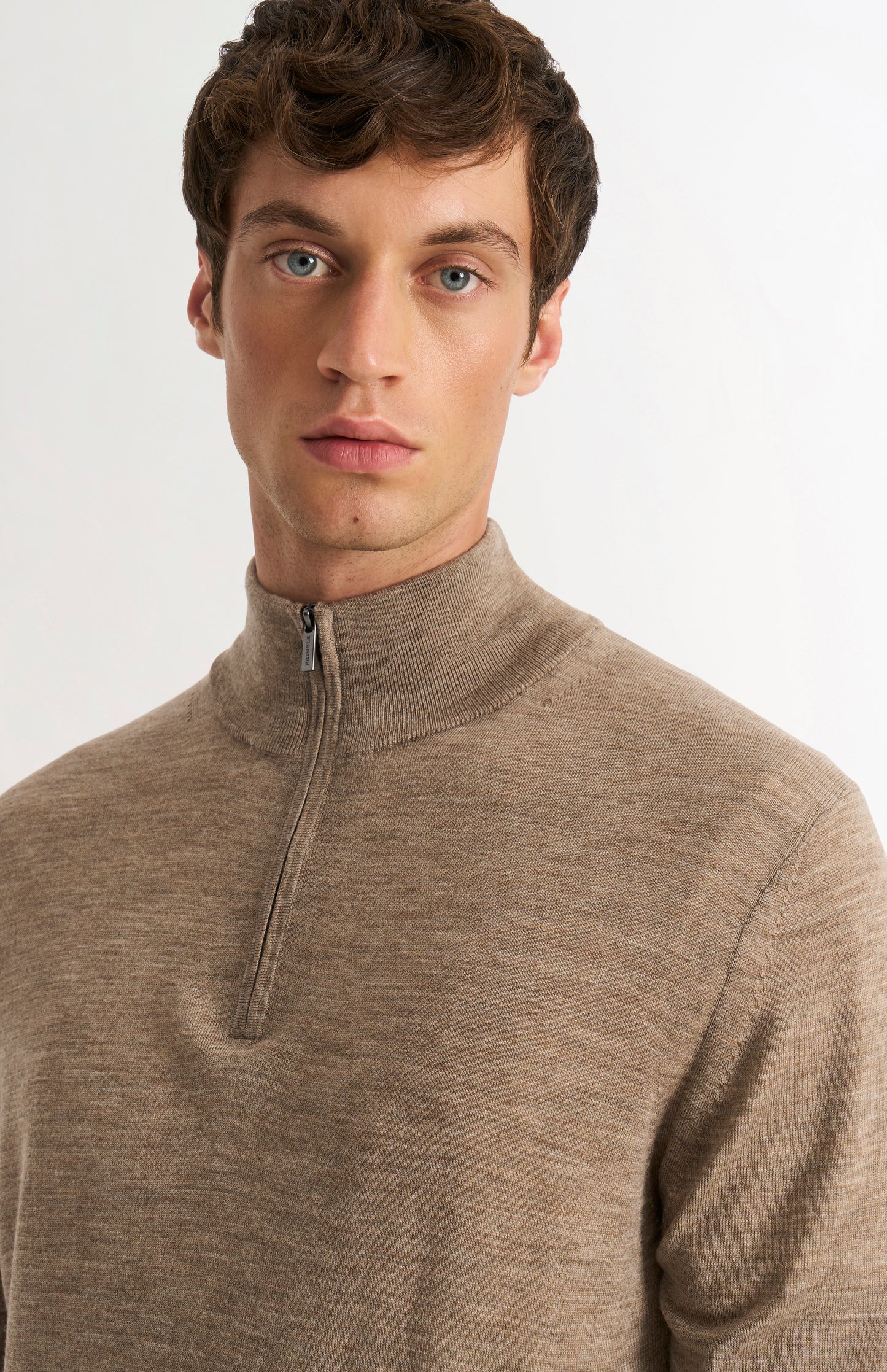 Men's Qtr Zip Extra Fine Merino Wool Jumper In Mushroom Melange