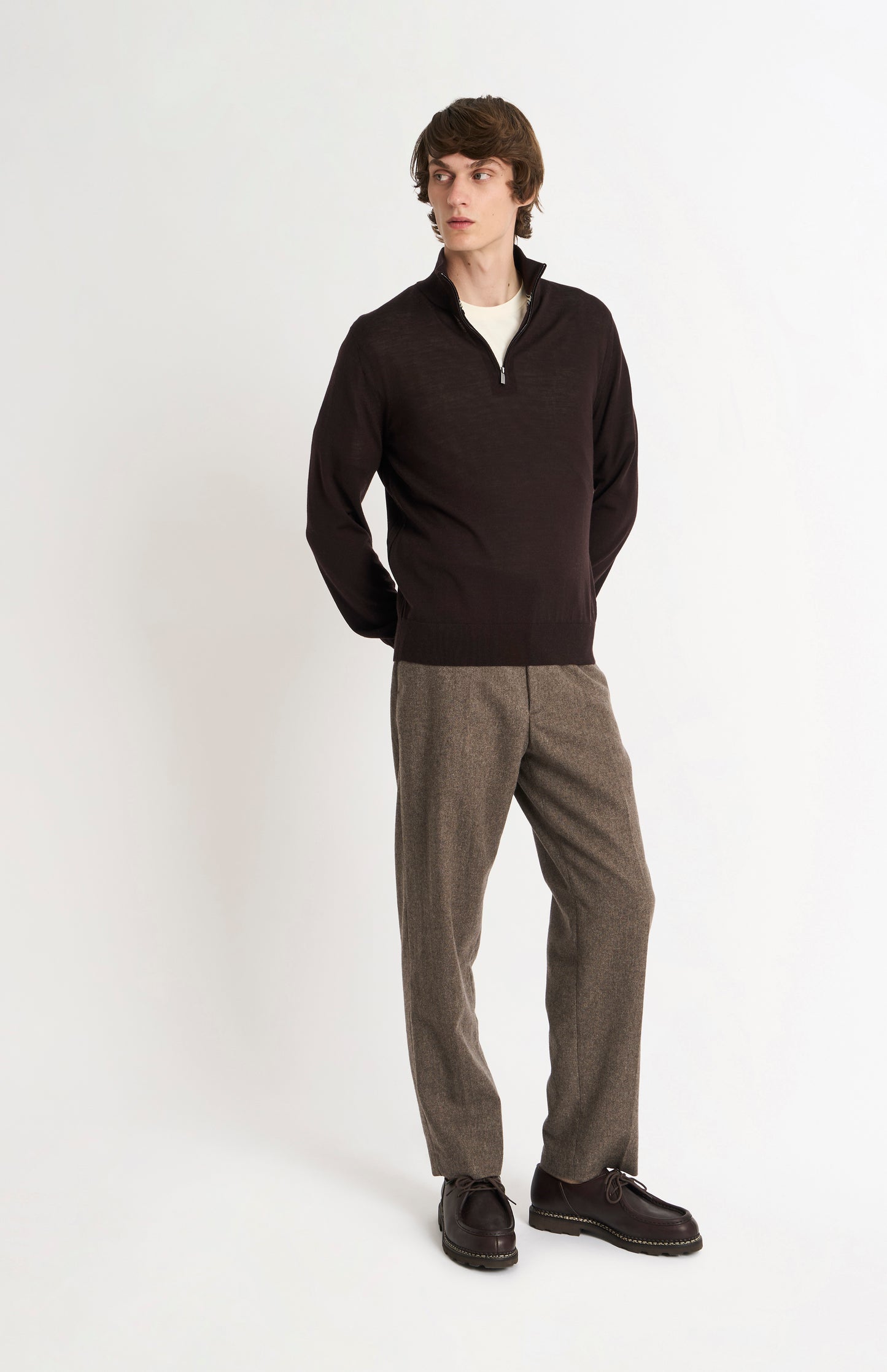 Men's Qtr Zip Extra Fine Merino Wool Jumper In Dark Brown