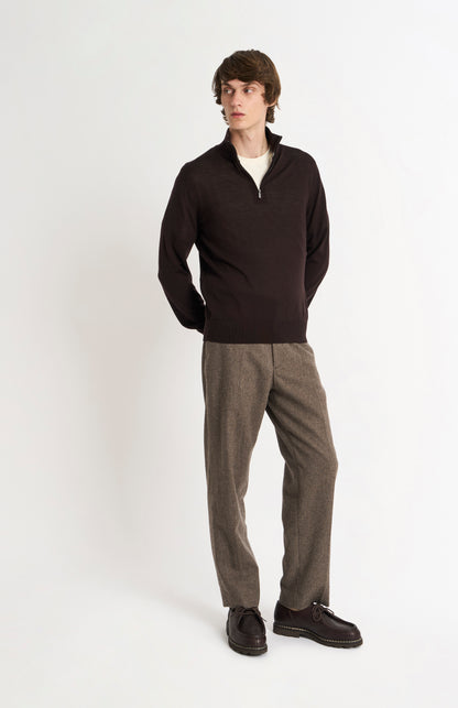 Men's Qtr Zip Extra Fine Merino Wool Jumper In Dark Brown