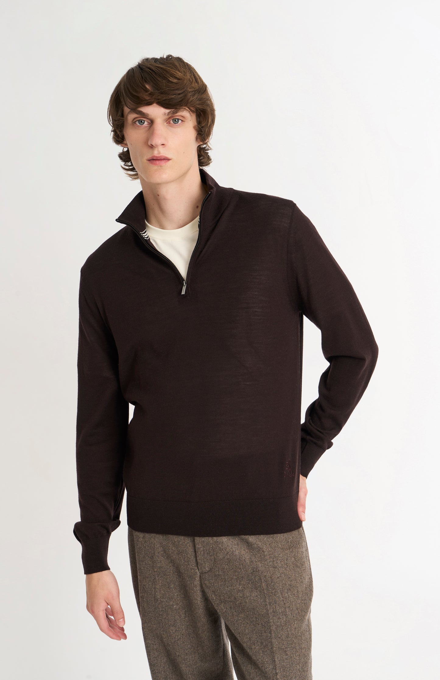 Men's Qtr Zip Extra Fine Merino Wool Jumper In Dark Brown