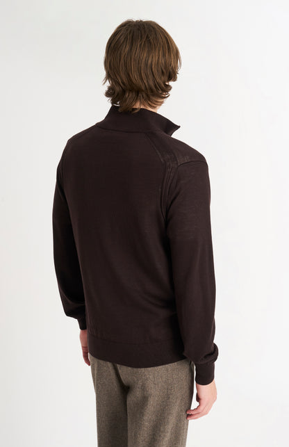 Men's Qtr Zip Extra Fine Merino Wool Jumper In Dark Brown