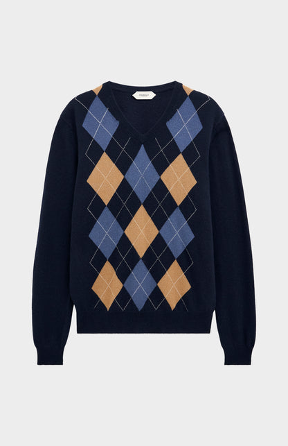 Men's Classic V-neck Cashmere Argyle Jumper In Navy / Camel / Blue Black