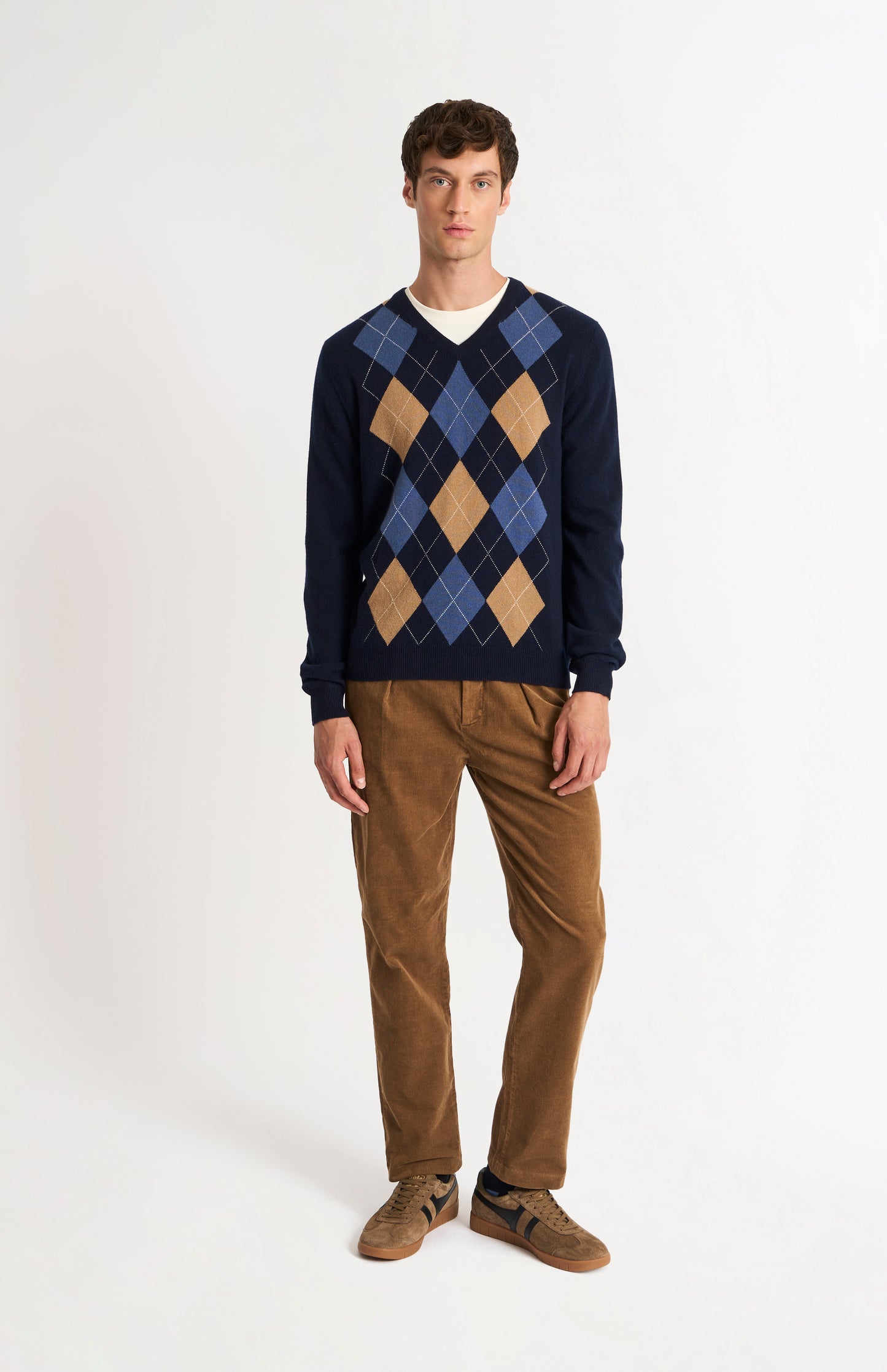 Men's Classic V-neck Cashmere Argyle Jumper In Navy / Camel / Blue Black