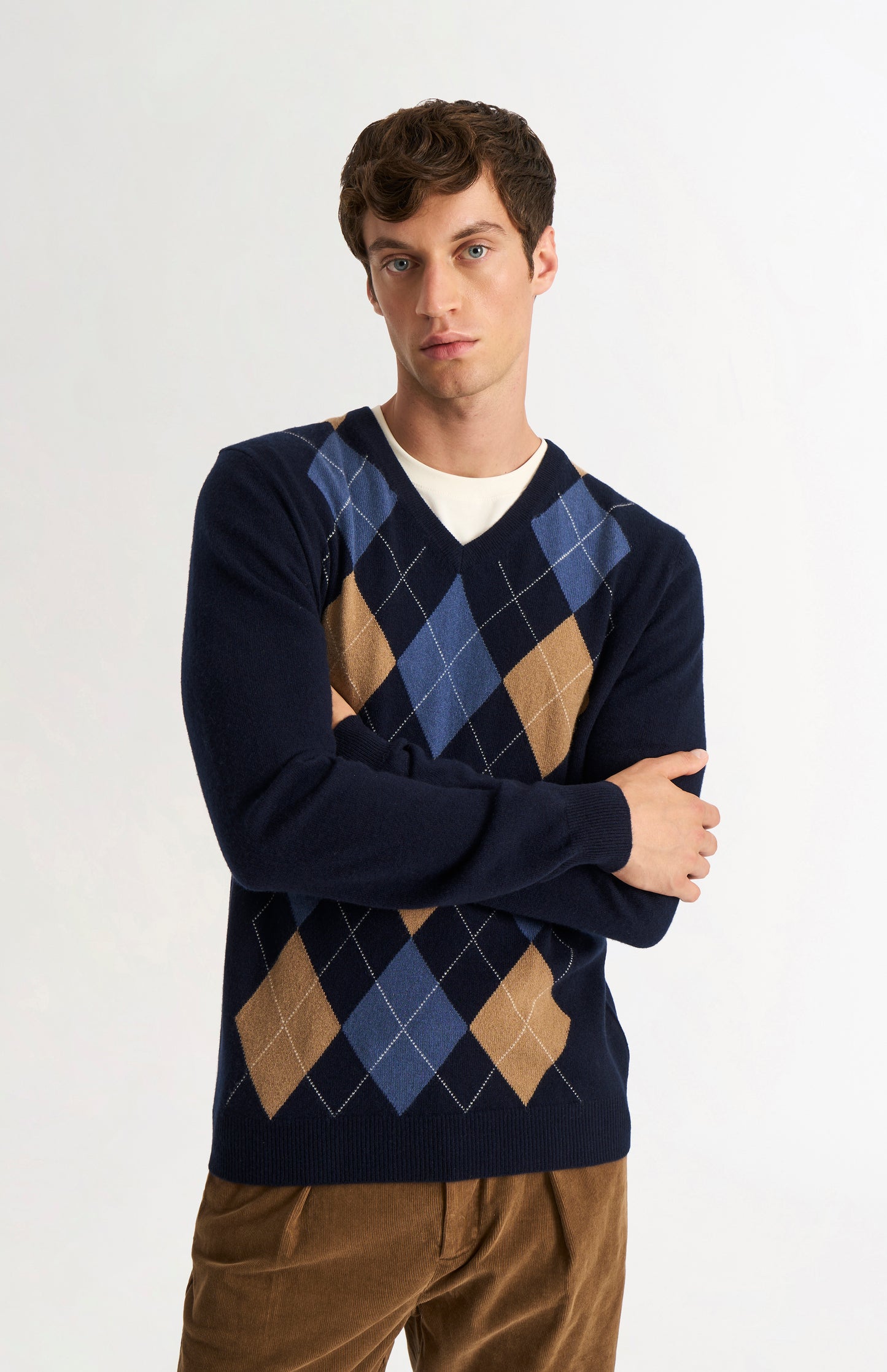 Men's Classic V-neck Cashmere Argyle Jumper In Navy / Camel / Blue Black