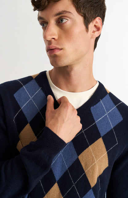 Men's Classic V-neck Cashmere Argyle Jumper In Navy / Camel / Blue Black