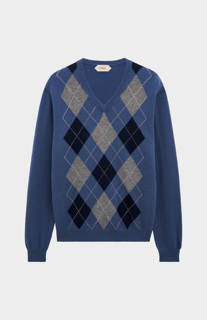 Men's Classic V-neck Cashmere Argyle Jumper In Blue / Navy / Grey