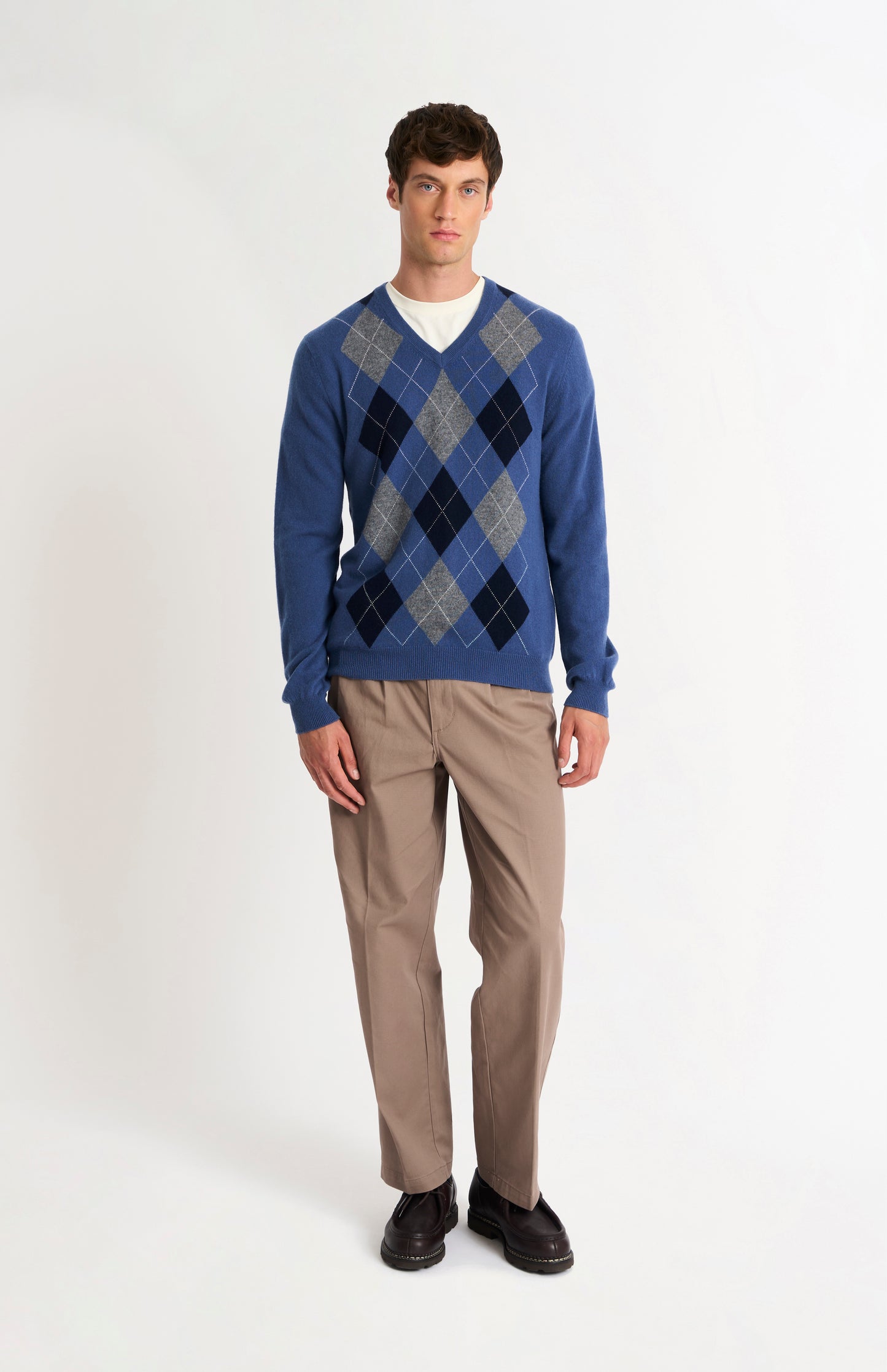 Men's Classic V-neck Cashmere Argyle Jumper In Blue / Navy / Grey