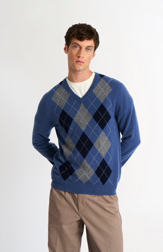 Men's Classic V-neck Cashmere Argyle Jumper In Blue / Navy / Grey