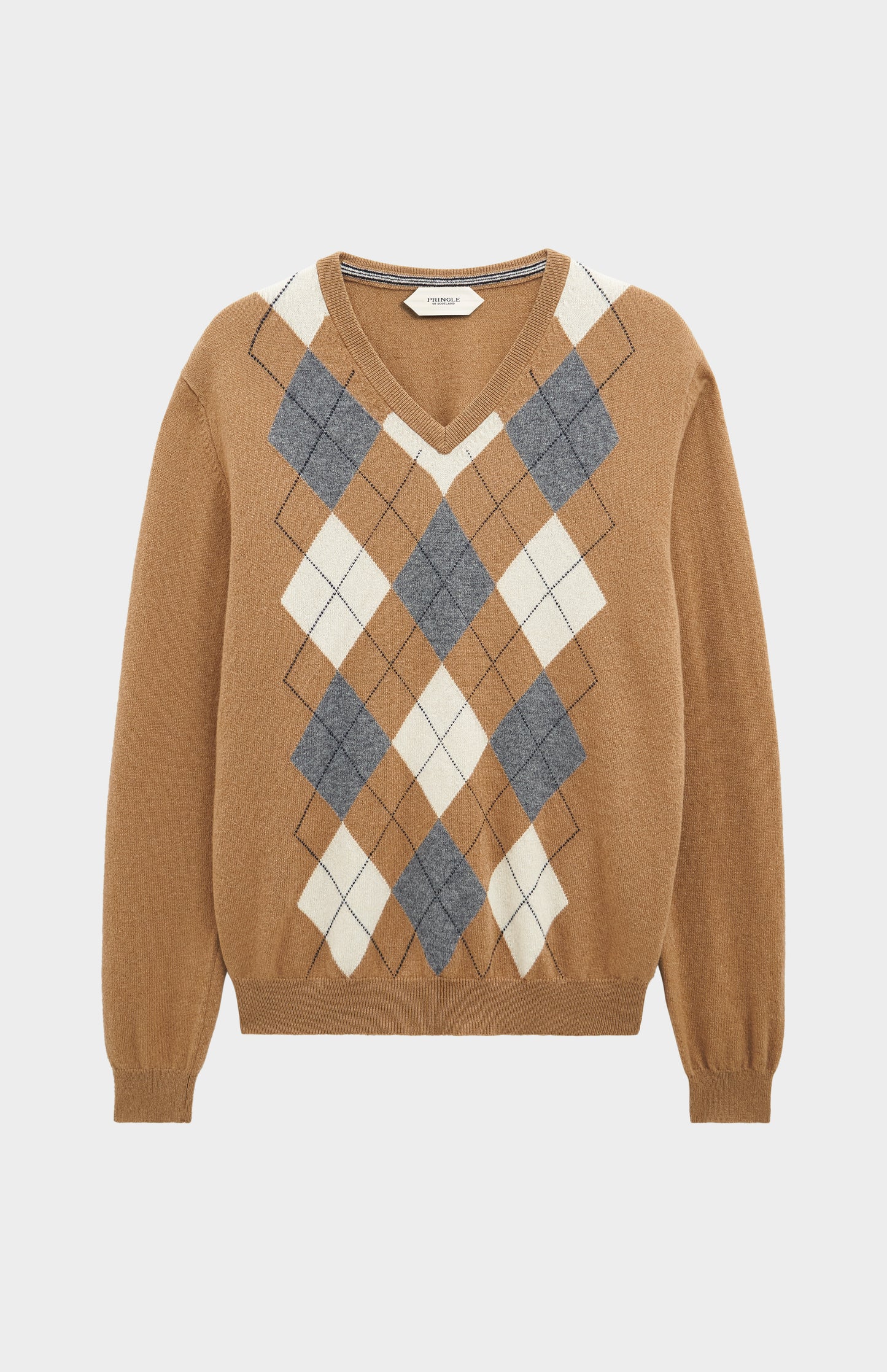 Men's Classic V-neck Cashmere Argyle Jumper In Camel / Ecru / Grey