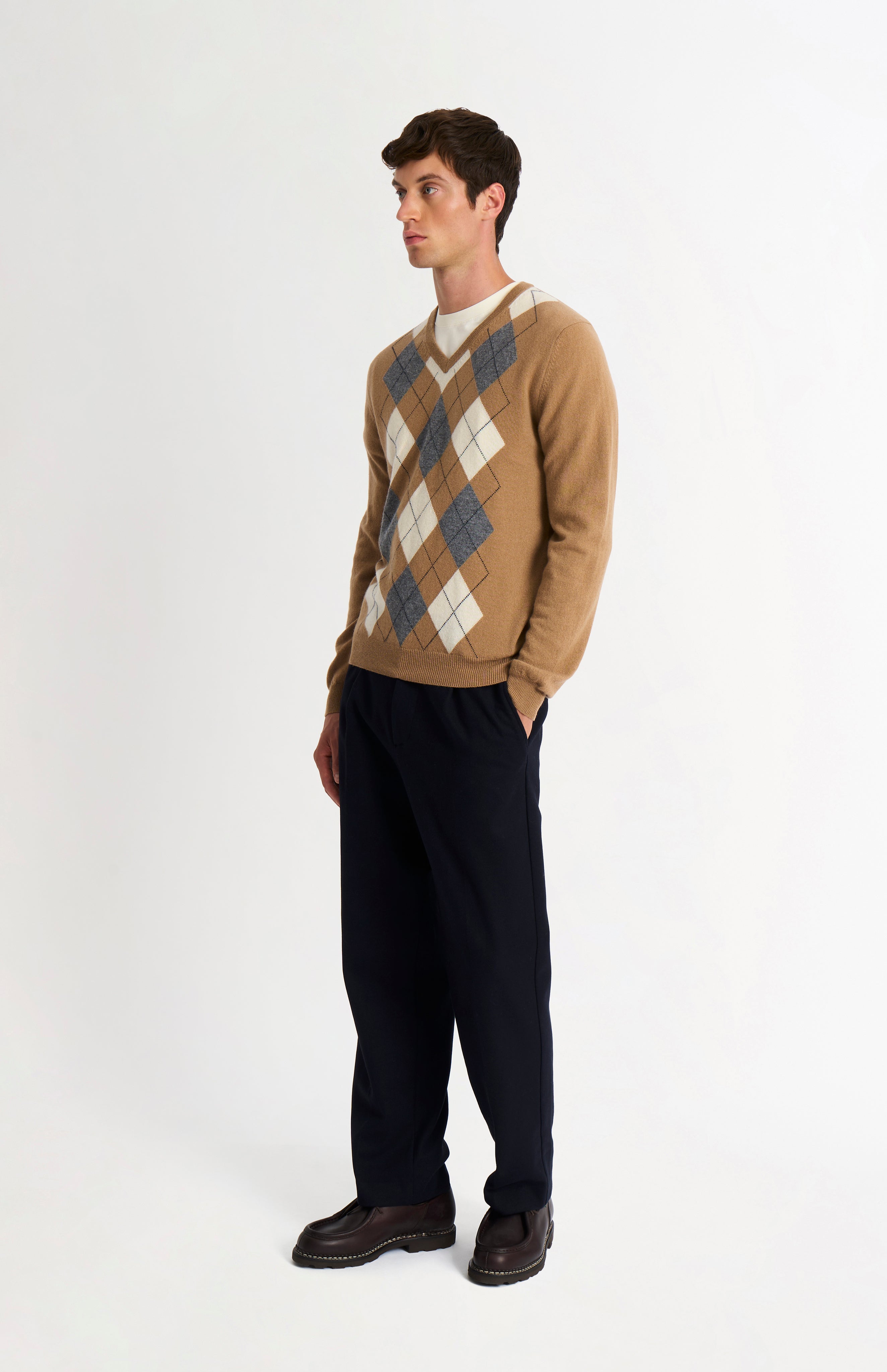 Pringle Men's Argyle Cashmere V-Neck Jumper In Camel, Ecru & Grey