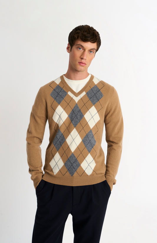 Men's Classic V-neck Cashmere Argyle Jumper In Camel / Ecru / Grey