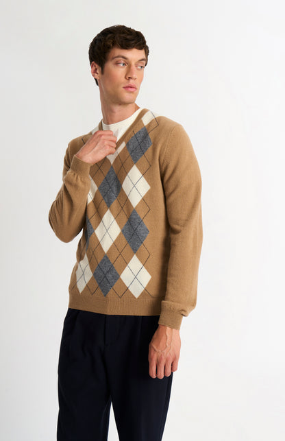 Men's Classic V-neck Cashmere Argyle Jumper In Camel / Ecru / Grey