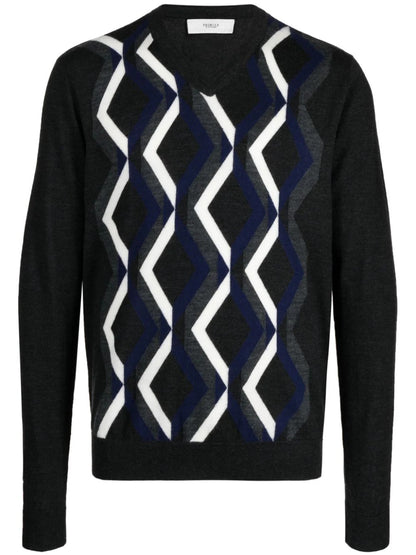 V neck Merino Charcoal Jumper with Dark Grey / White Argyle