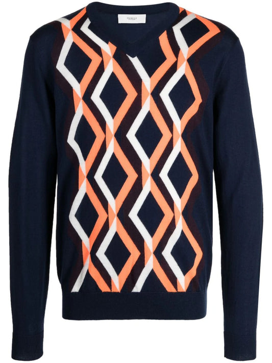 V neck Merino Navy Jumper with Orange / White Argyle