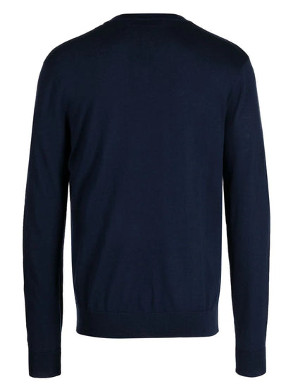 V neck Merino Navy Jumper with Orange / White Argyle