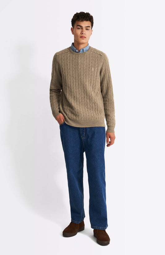 Pringle Men's Round Neck Cable Knit Lambswool Jumper in Dark Natural on model