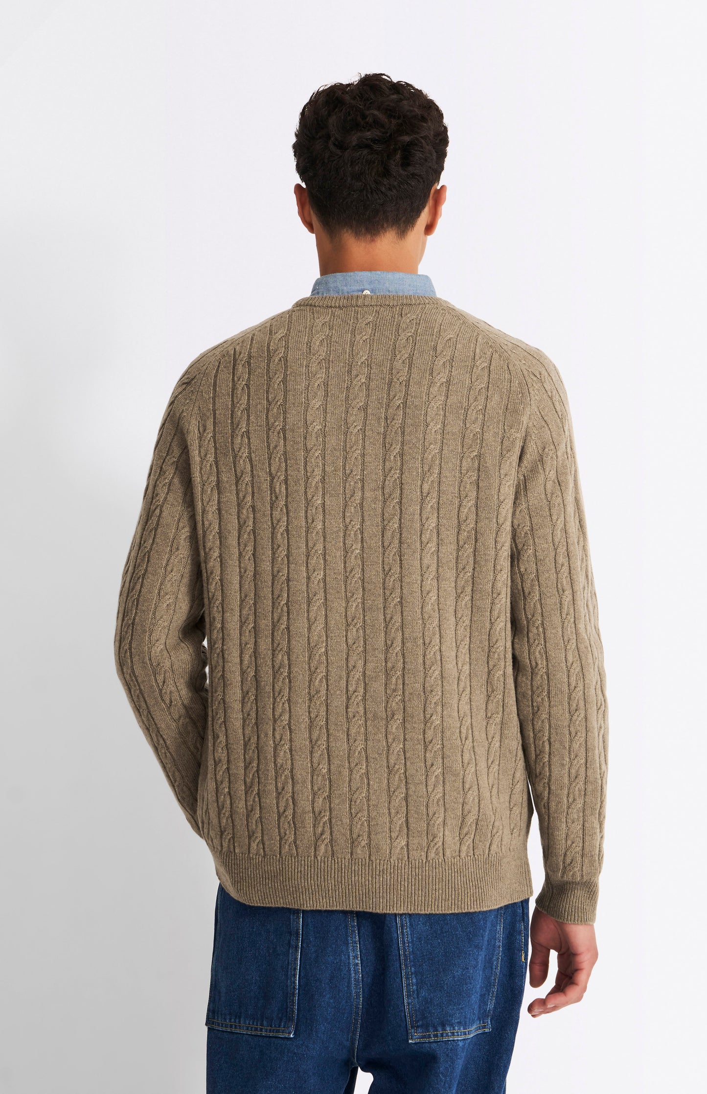 Pringle Men's Round Neck Cable Knit Lambswool Jumper in Dark Natural rear view