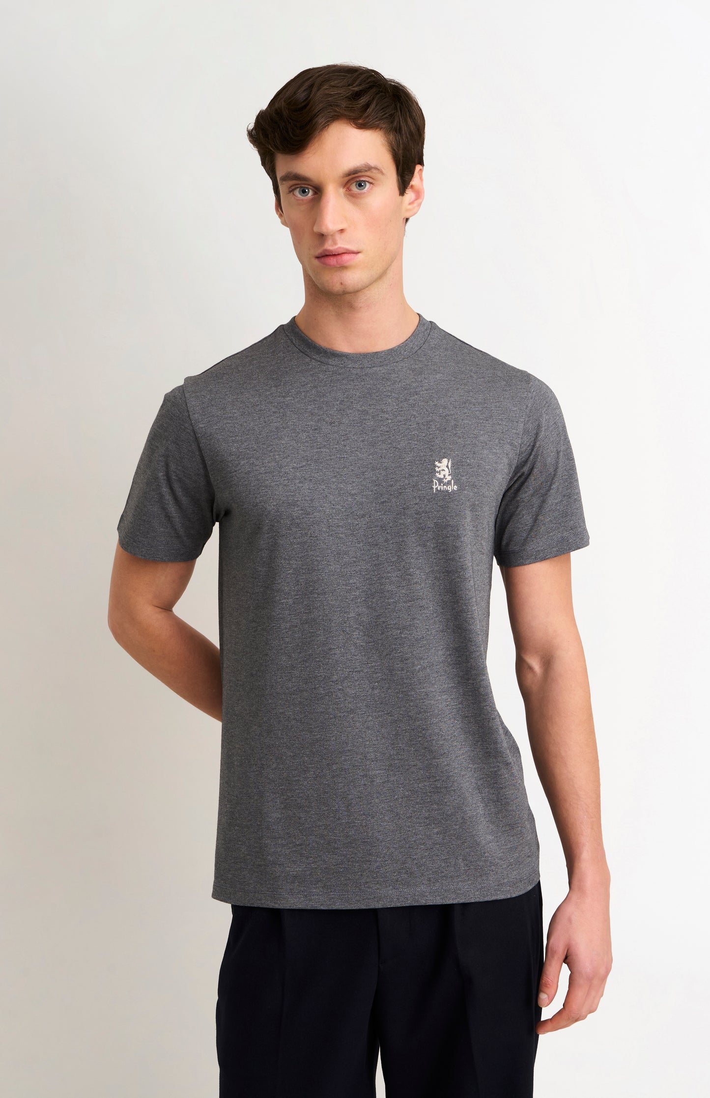 Man wearing a gray t-shirt with a small logo on a white background