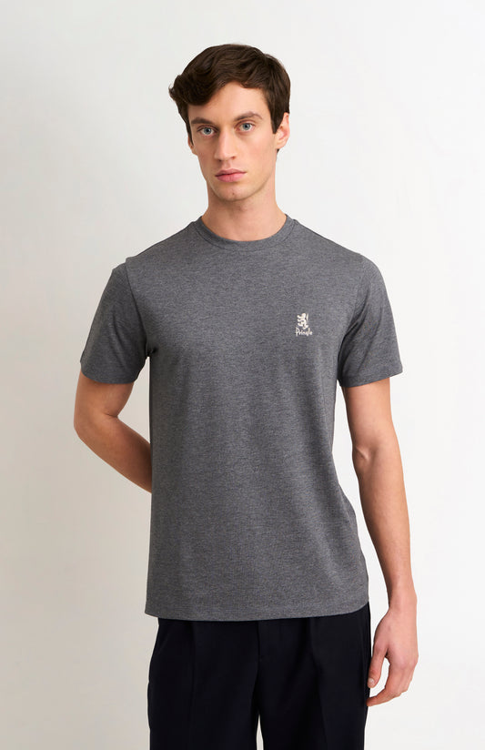 Man wearing a gray t-shirt with a small logo on a white background