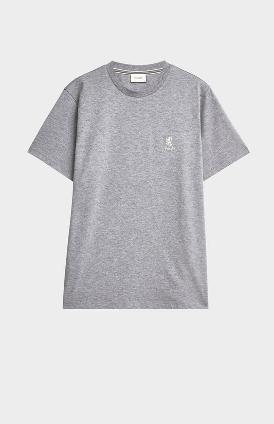Gray t-shirt with a small logo on a light gray background