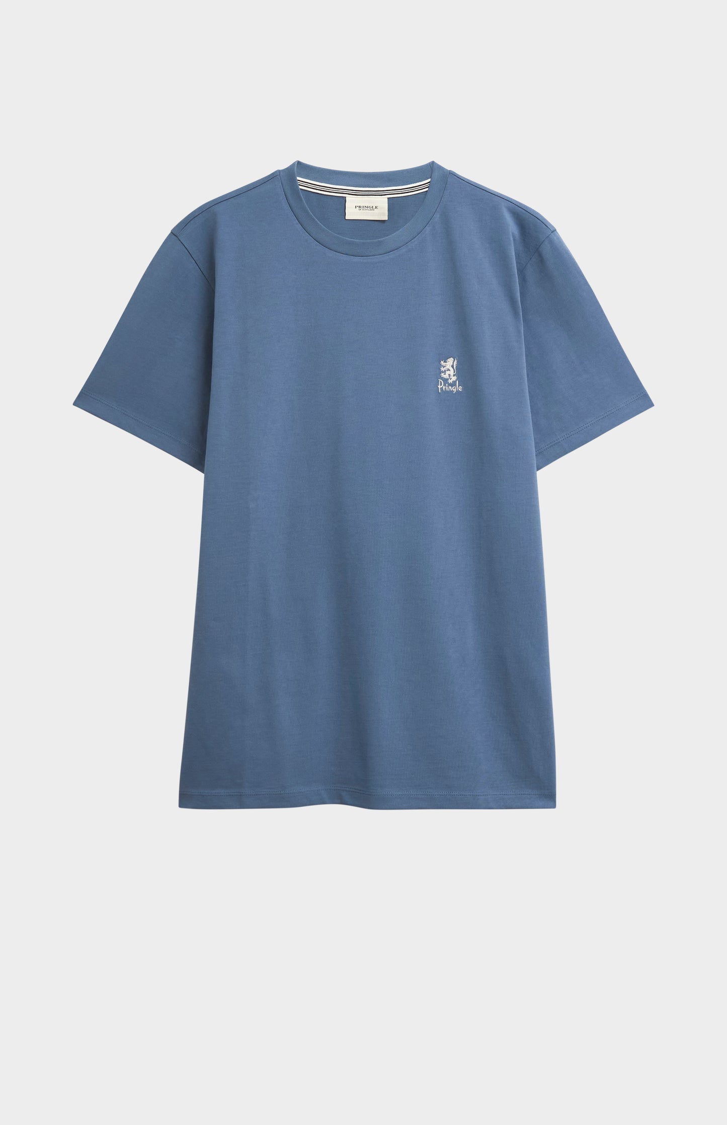 Blue t-shirt with a small logo on a light gray background