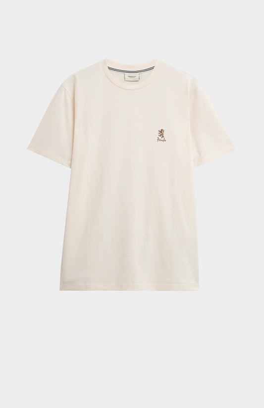 Beige t-shirt with a small logo on a white background