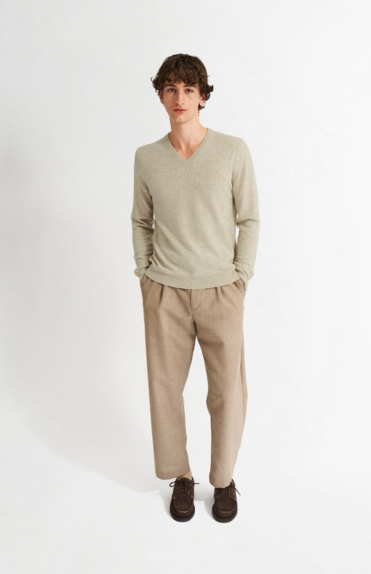 Pringle of Scotland Men's Classic V Neck Cashmere Jumper In Oatmeal on model full length