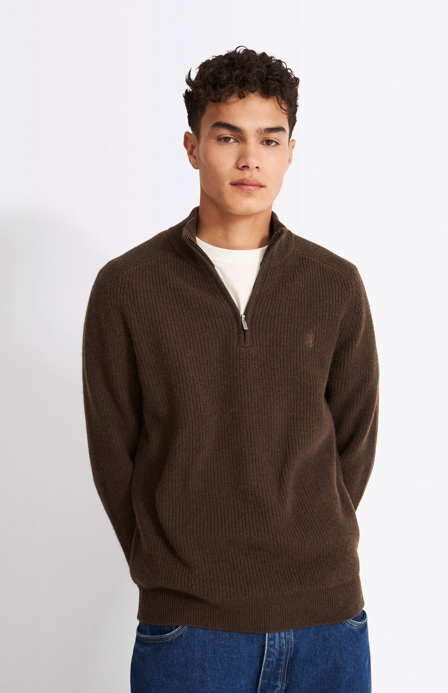 Pringle Men's Quarter Zip Cable Knit Lambswool Jumper in Dark Umber