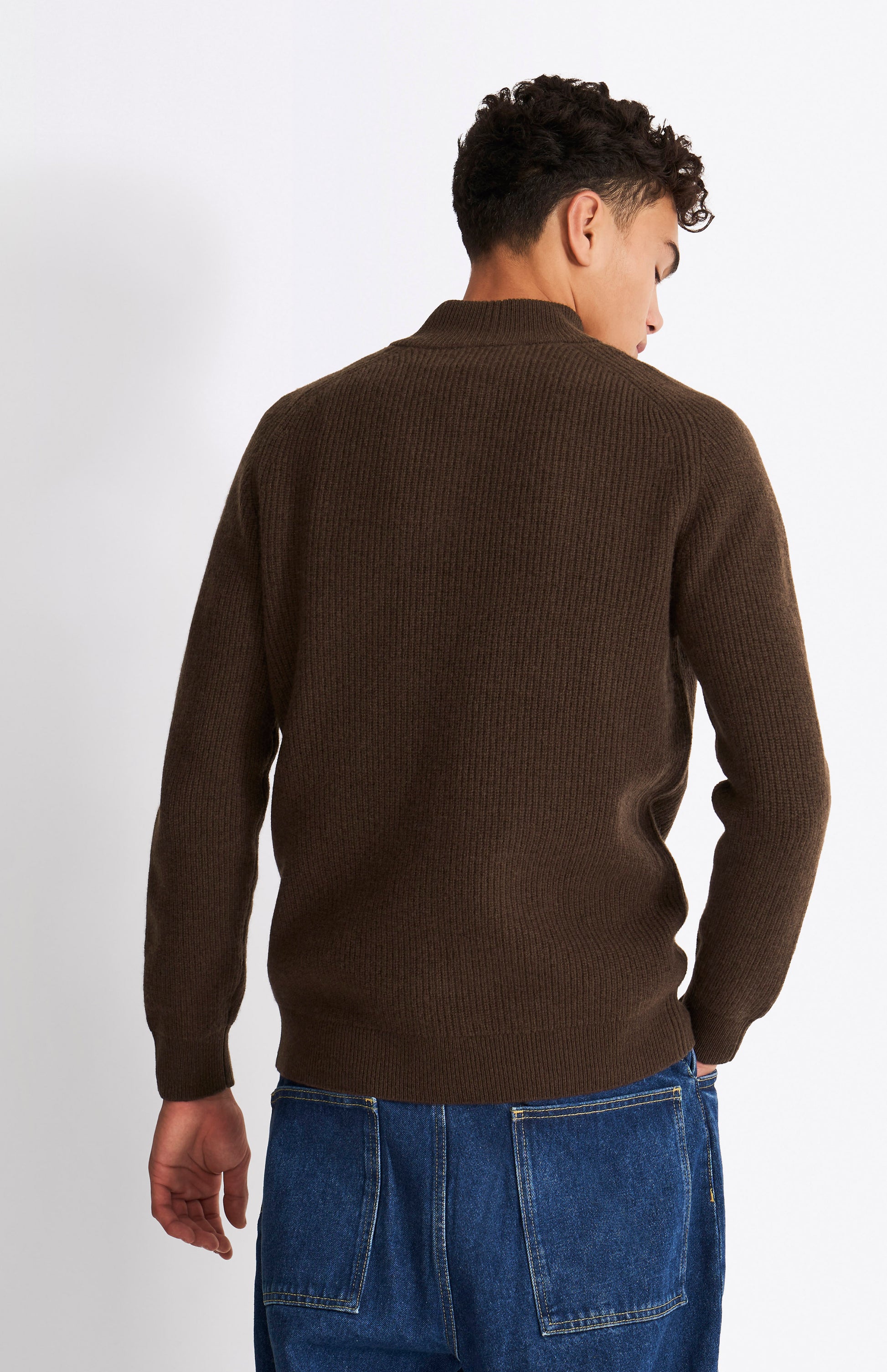 Pringle Men's Quarter Zip Cable Knit Lambswool Jumper in Dark Umber rear view