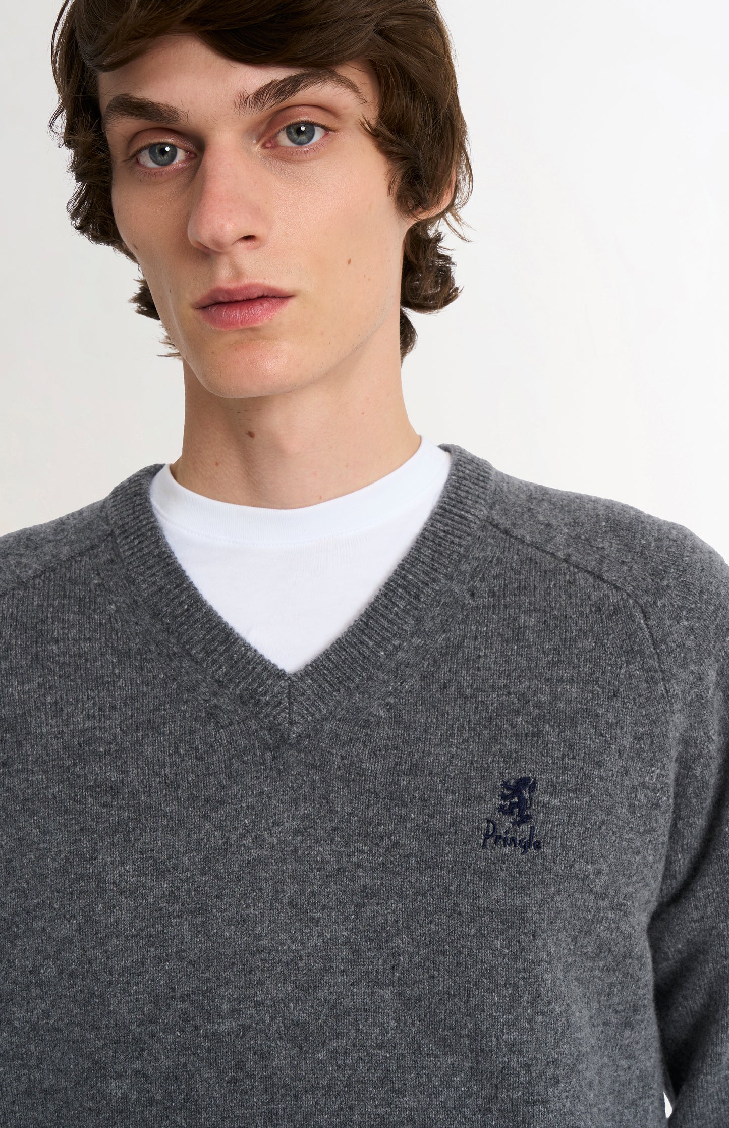 Men's Classic V-neck Supersoft Lambswool Jumper  In Grey Melange