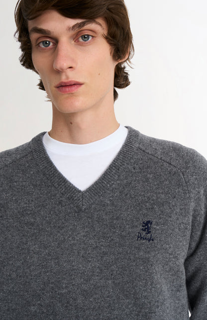 Men's Classic V-neck Supersoft Lambswool Jumper  In Grey Melange