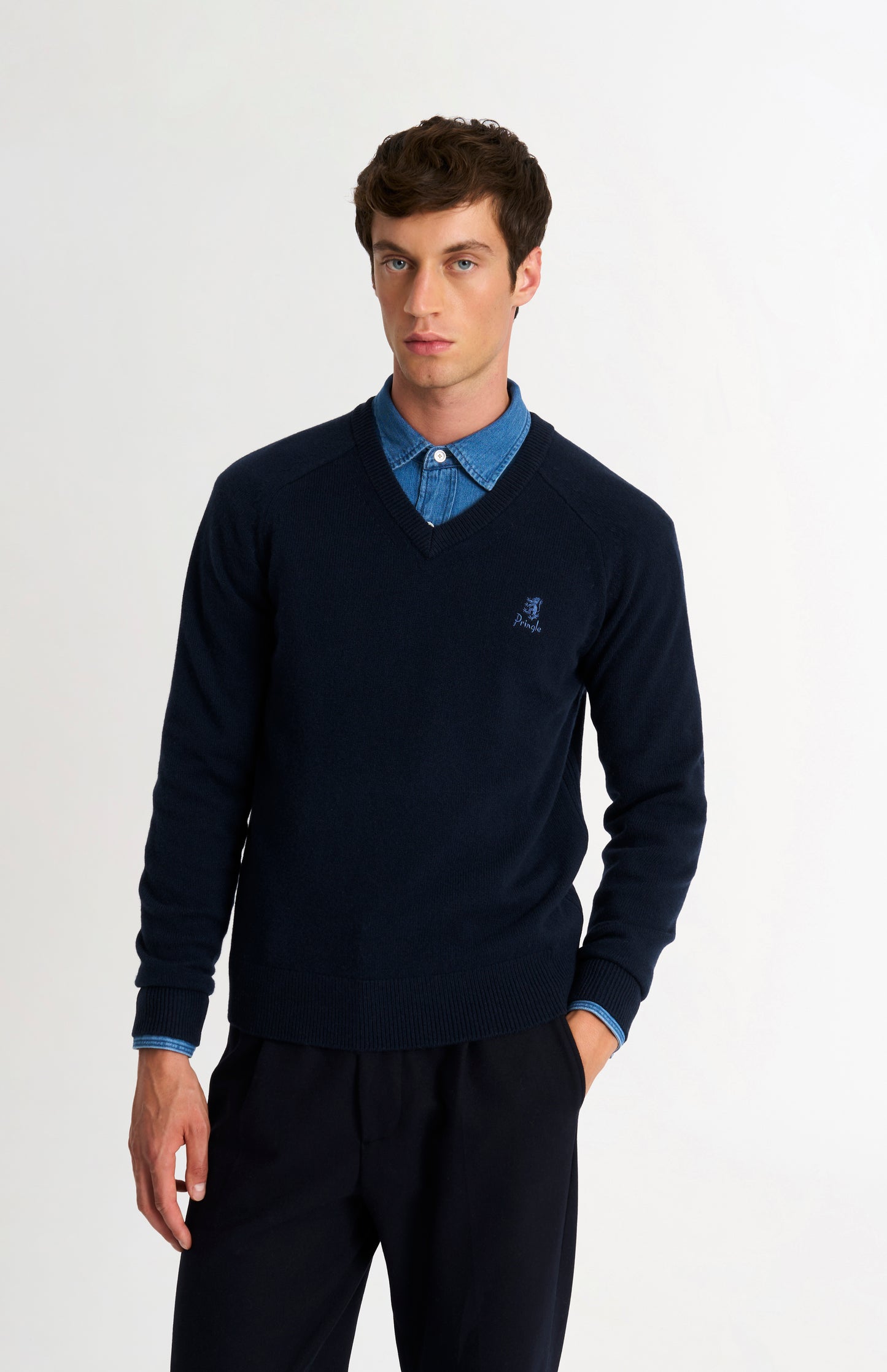 Men's Classic V-neck Supersoft Lambswool Jumper  In Navy Blue