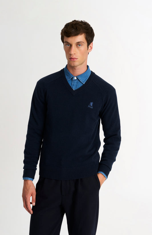 Men's Classic V-neck Supersoft Lambswool Jumper  In Navy Blue