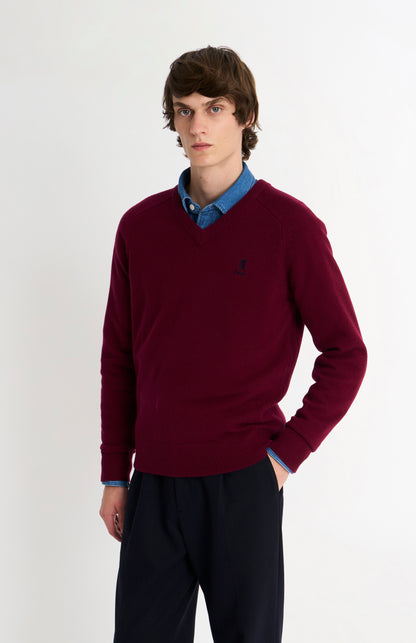 Pringle of Scotland Men’s Lambswool V Neck Jumper In Burgundy on model