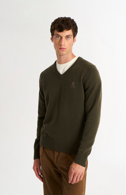 Men's Classic V-neck Supersoft Lambswool Jumper  In Dark Olive