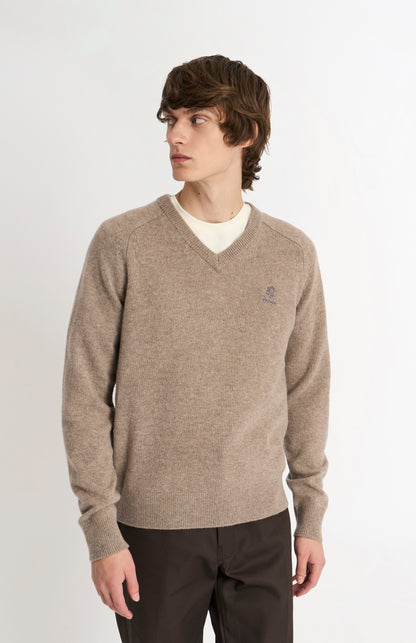 Men's Classic V-neck Supersoft Lambswool Jumper  In Mushroom