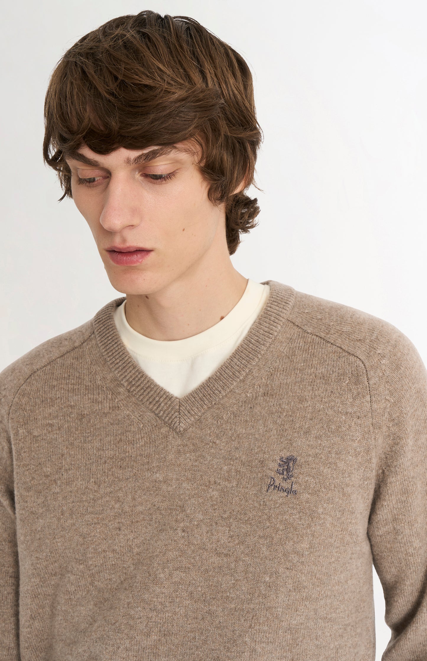 Men's Classic V-neck Supersoft Lambswool Jumper  In Mushroom