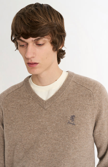 Men's Classic V-neck Supersoft Lambswool Jumper  In Mushroom