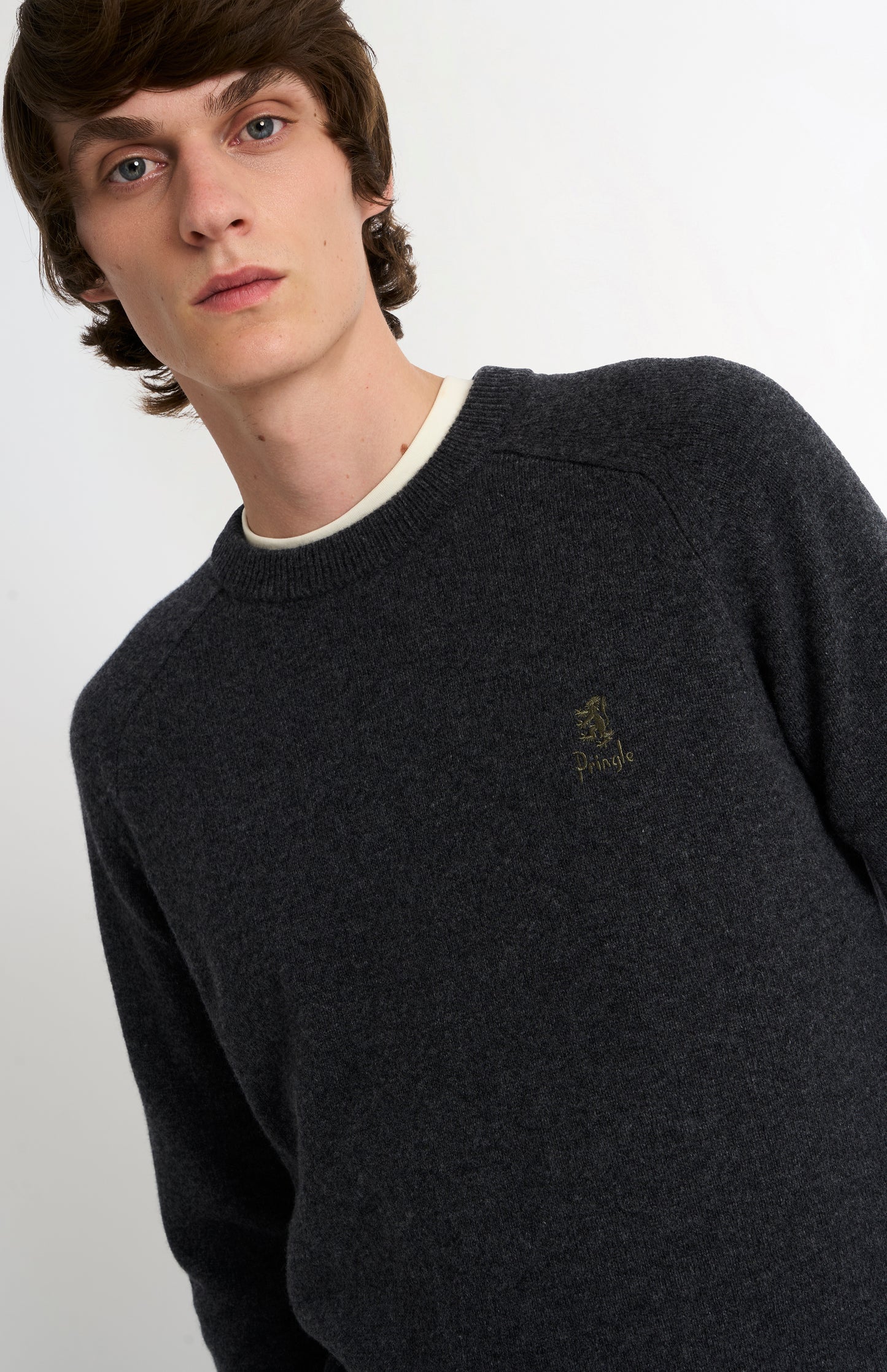 Pringle of Scotland Men’s Lambswool Crew Neck Jumper In Charcoal neck detail