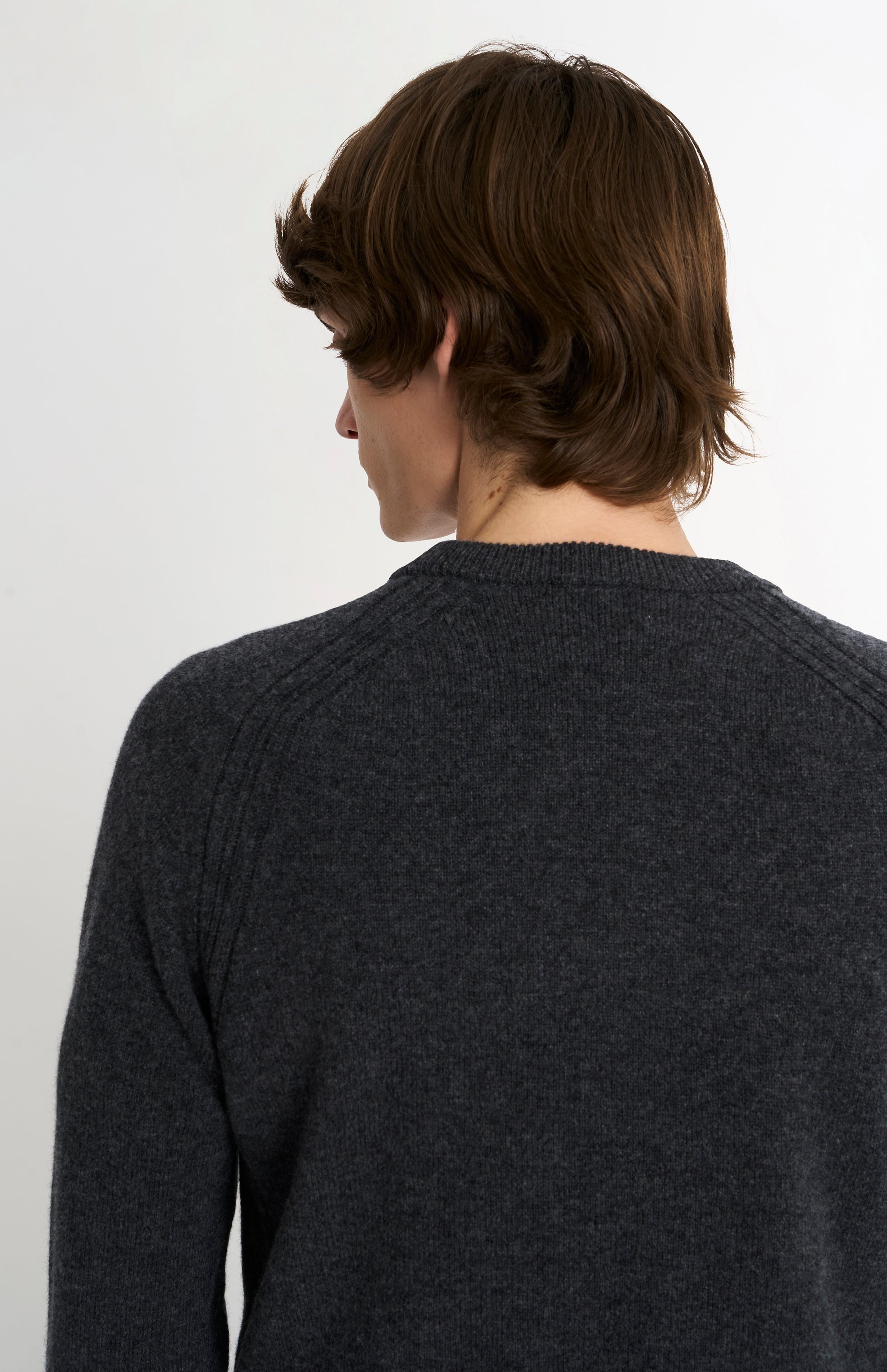 Pringle of Scotland Men’s Lambswool Crew Neck Jumper In Charcoal rear neck detail