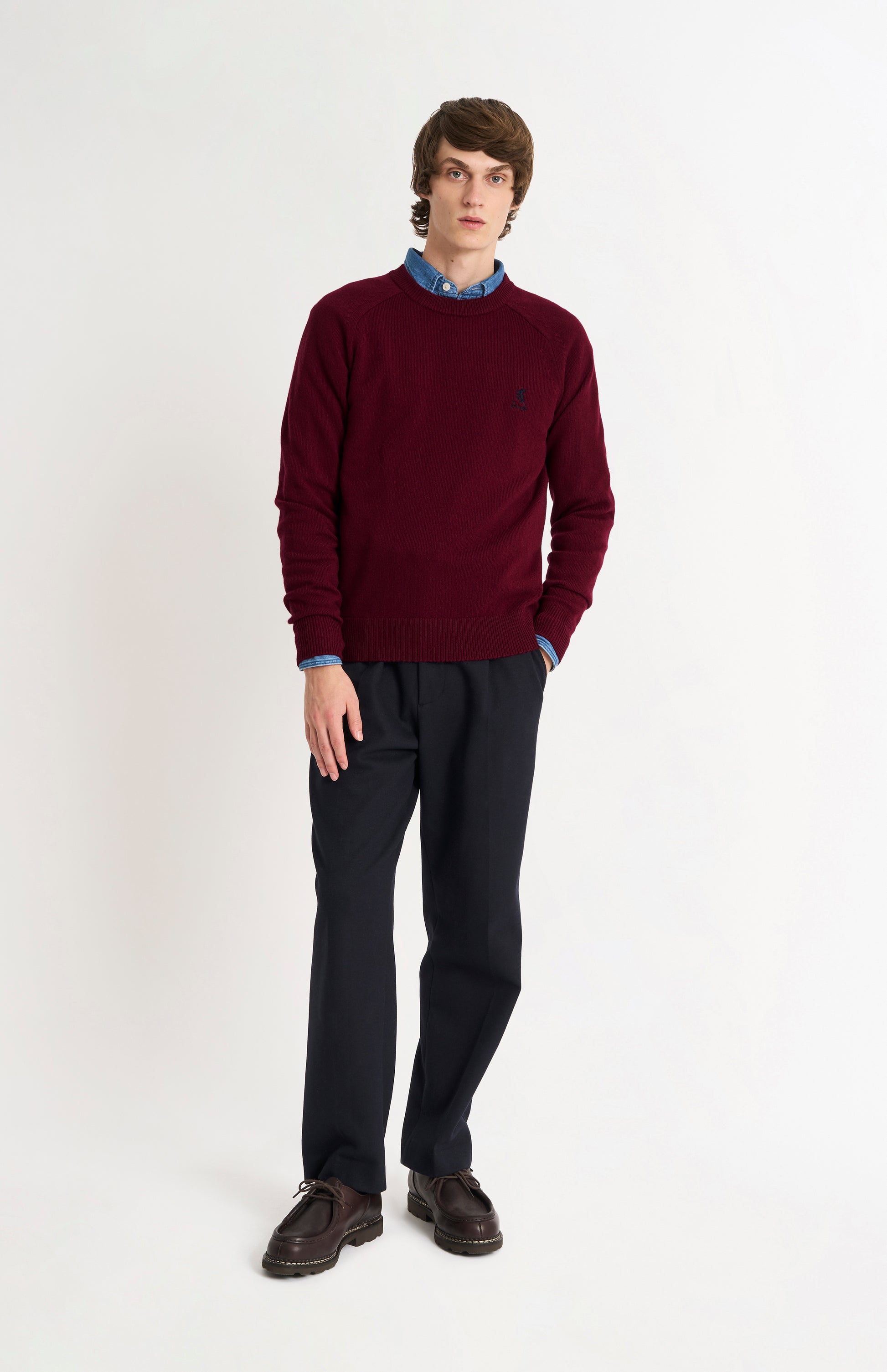 Pringle of Scotland Men’s Lambswool Crew Neck Jumper In Burgundy on model full length