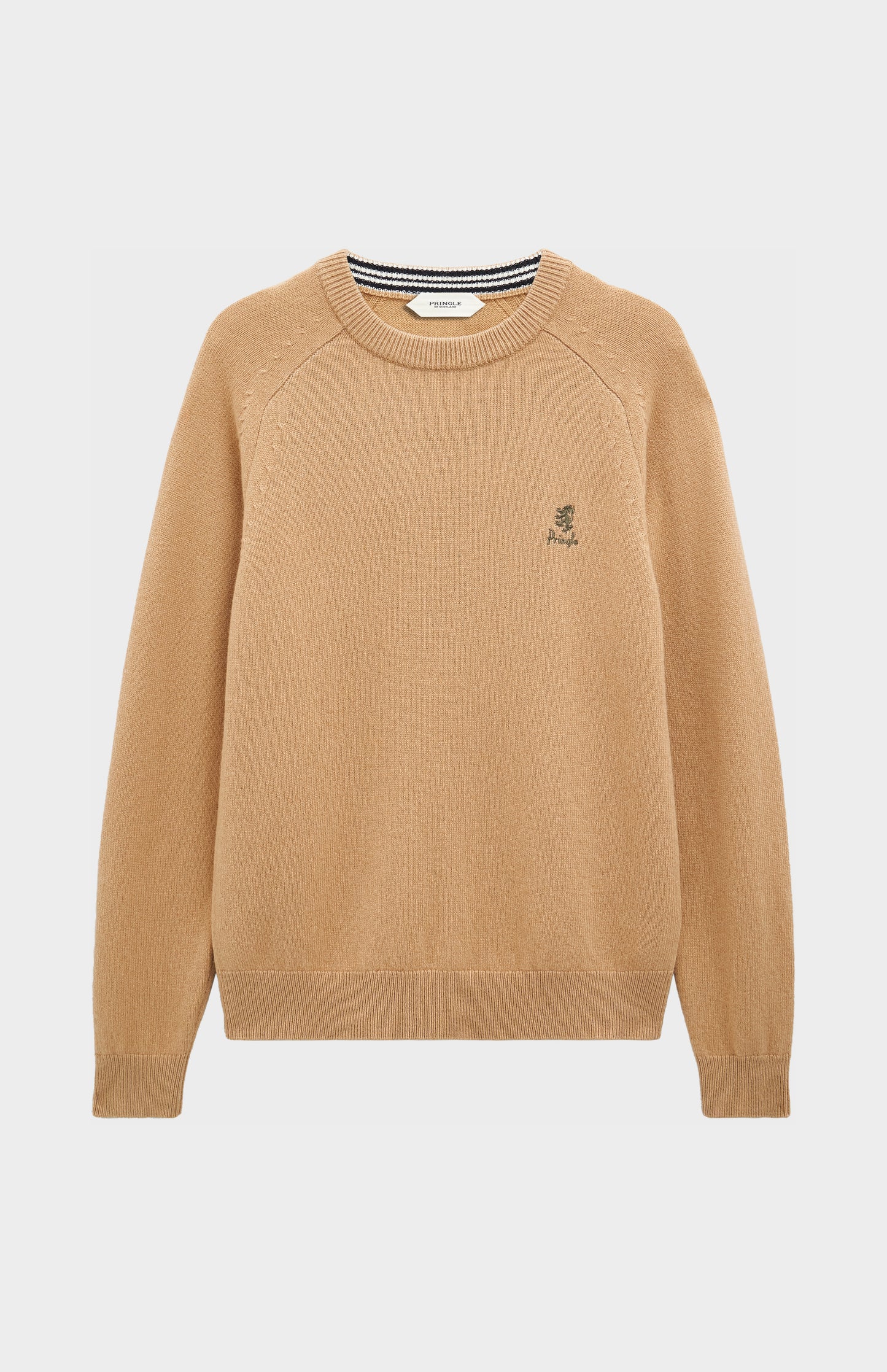 Pringle of Scotland Men’s Lambswool Crew Neck Jumper In Camel flat shot