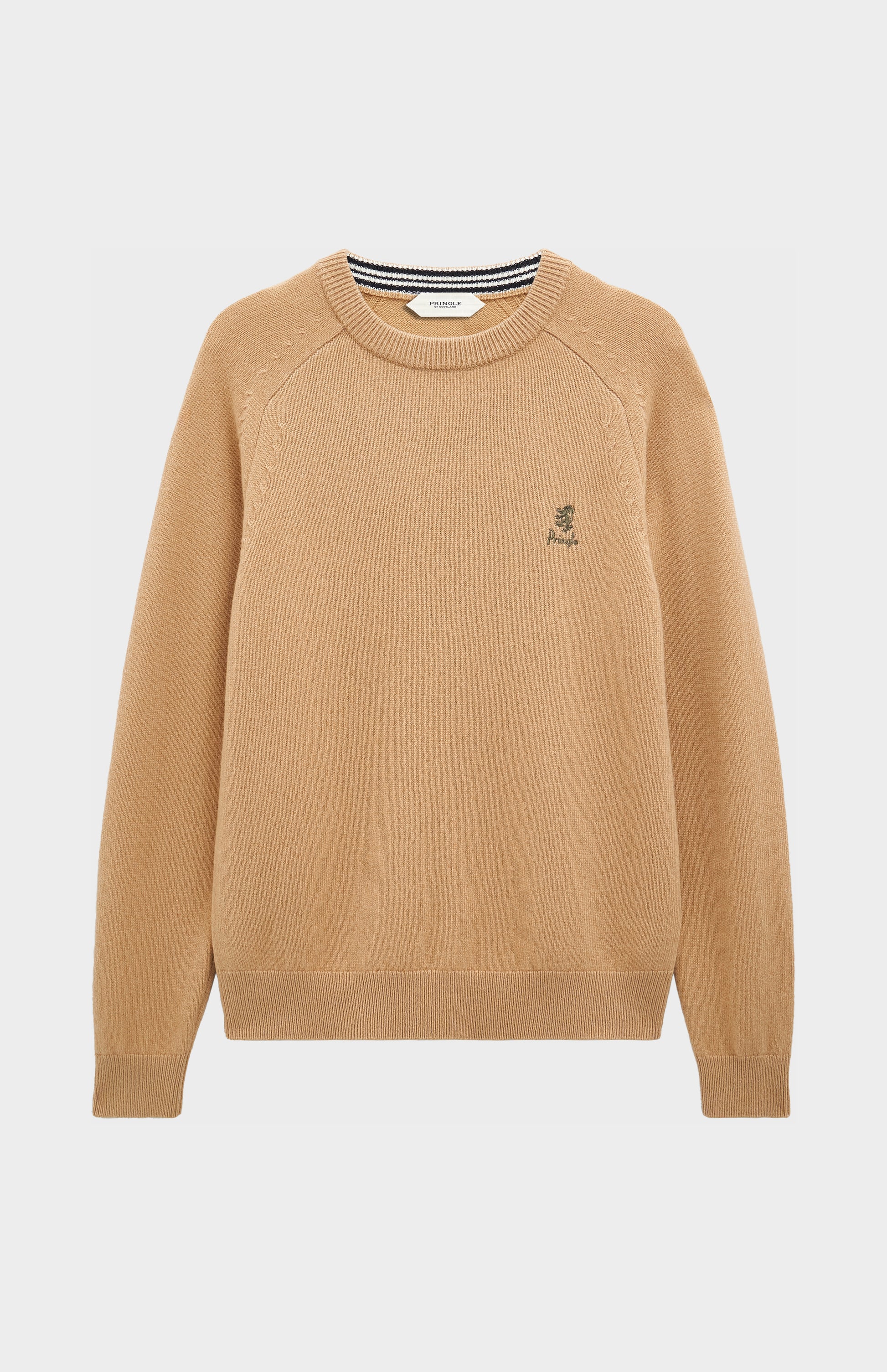 Pringle of Scotland Men’s Lambswool Crew Neck Jumper In Camel flat shot