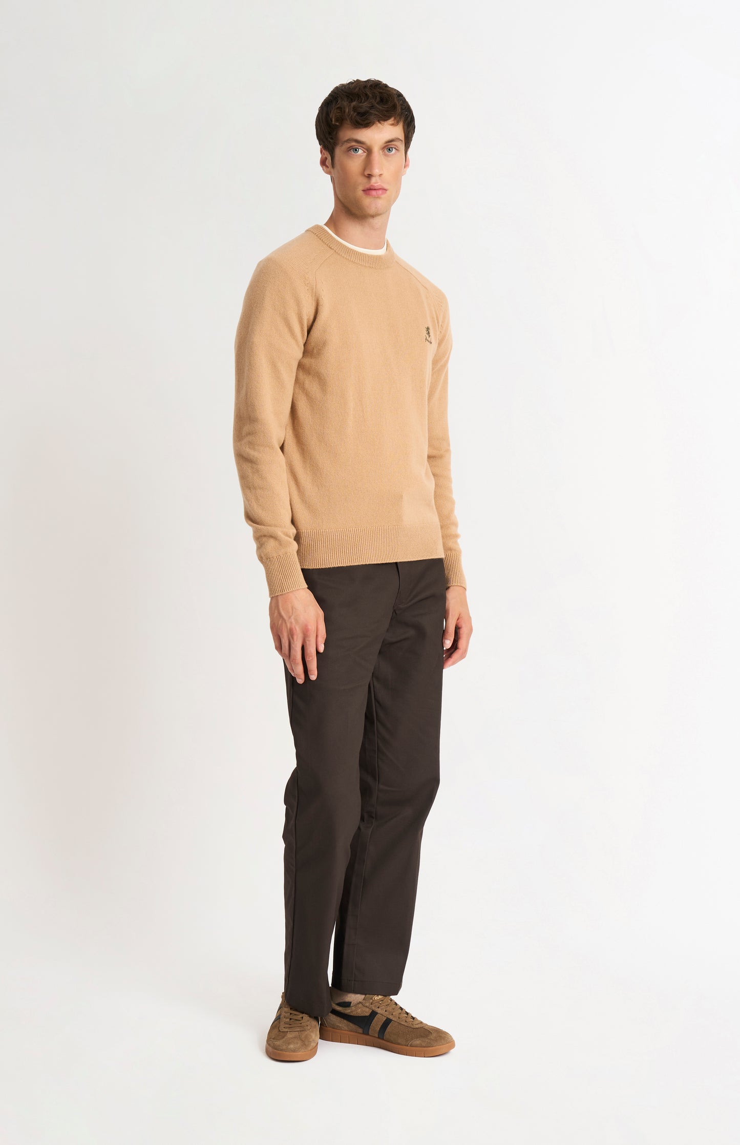 Pringle of Scotland Men’s Lambswool Crew Neck Jumper In Camel on model full length