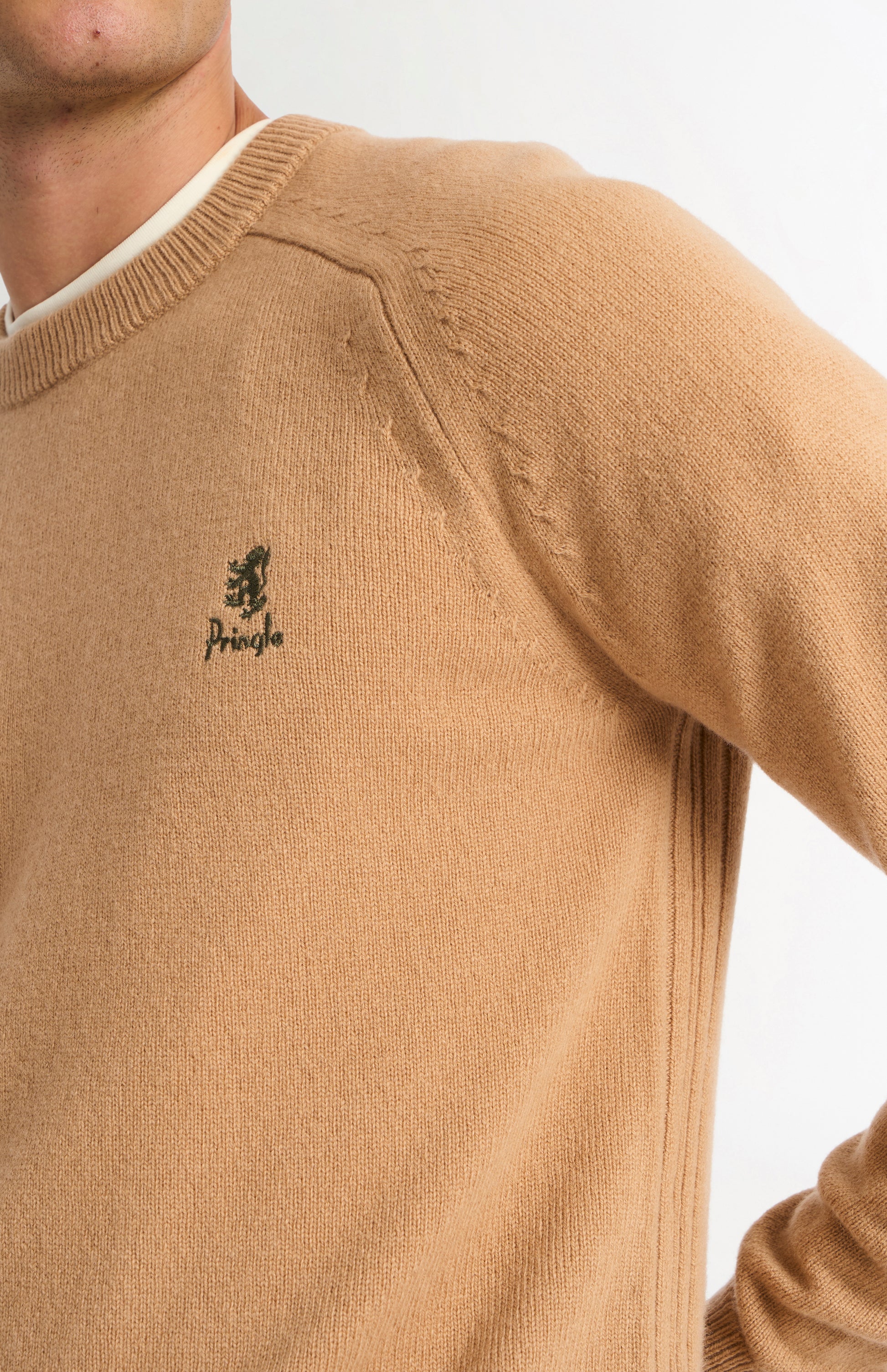 Pringle of Scotland Men’s Lambswool Crew Neck Jumper In Camel embroidery detail