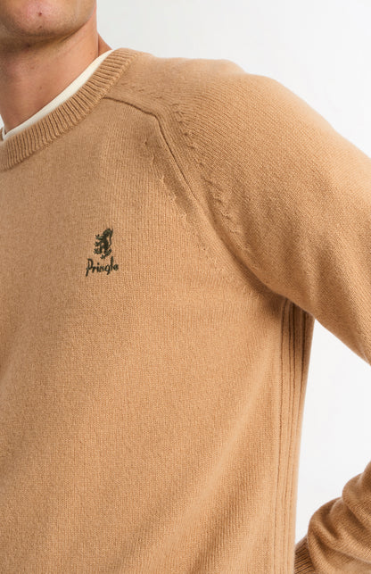 Pringle of Scotland Men’s Lambswool Crew Neck Jumper In Camel embroidery detail