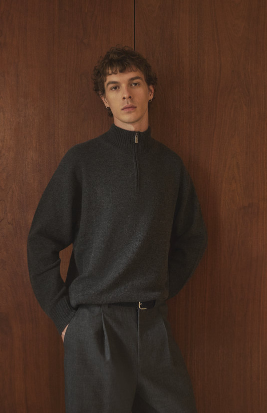 Pringle of Scotland Men's Zip Neck Cashmere Jumper In Charcoal on male model