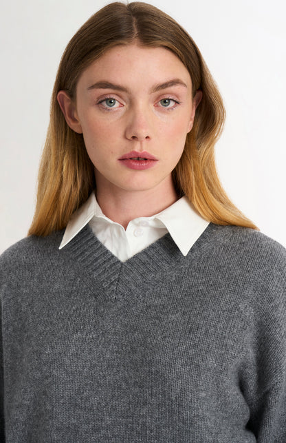 Women's V-neck Chunky Cashmere Jumper In Grey Melange