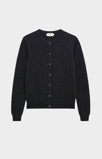 Women's  Classic Crew Neck Cashmere Cardigan In Charcoal Melange