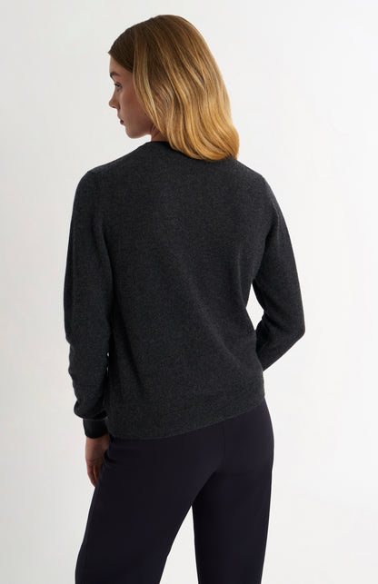 Women's  Classic Crew Neck Cashmere Cardigan In Charcoal Melange